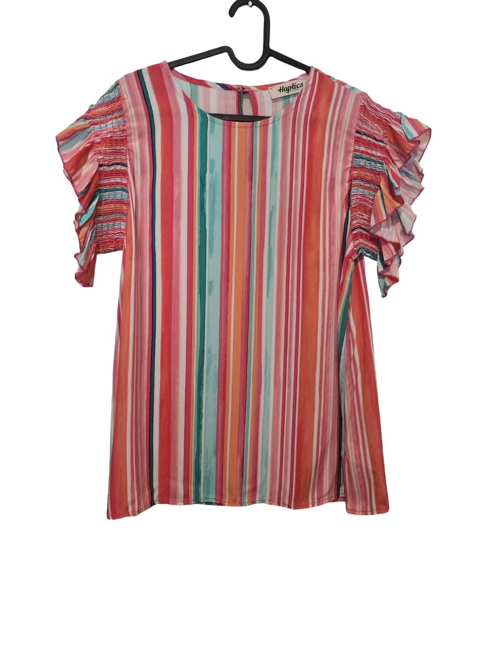 Haptics Multicolor Striped Ruffle-Sleeve Blouse - Pink & Teal